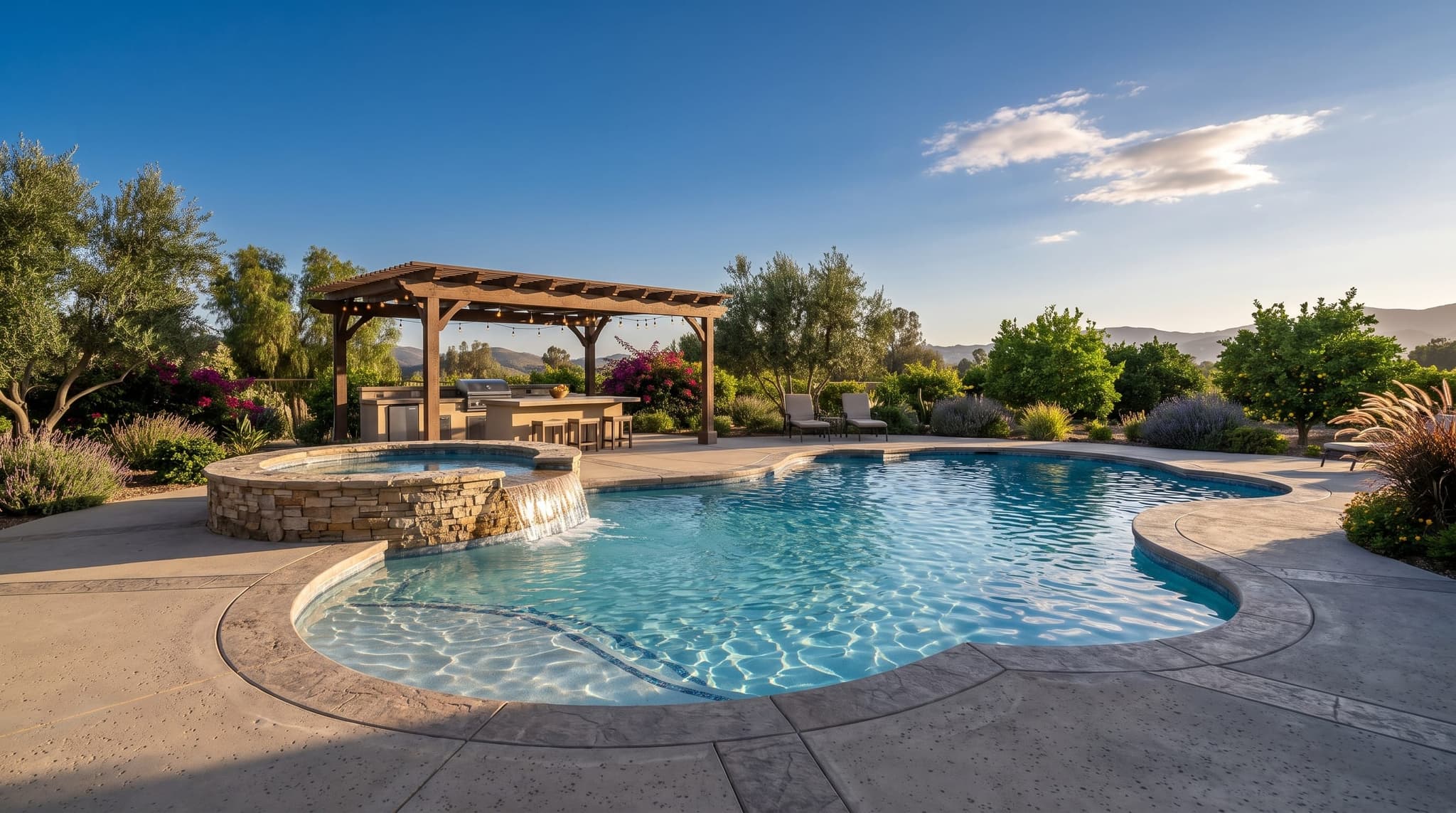 Backyard pool with raised stone spa and sheer-descent waterfall, outdoor kitchen pavilion under a wood pergola, blooming bougainvillea, and a hillside silhouette at rose-pink sunset