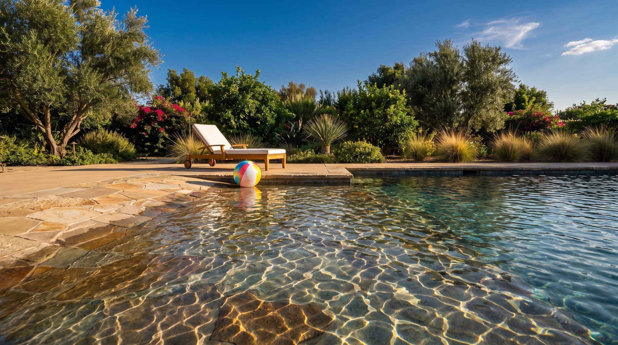 Eye-level photograph from the deck side: the gentle slope of a beach-entry pool descending into shallow water, a child's beach ball at the waterline, a single chaise lounge at the slope's edge, mature landscaping behind, warm afternoon sun raking across the rippled water surface