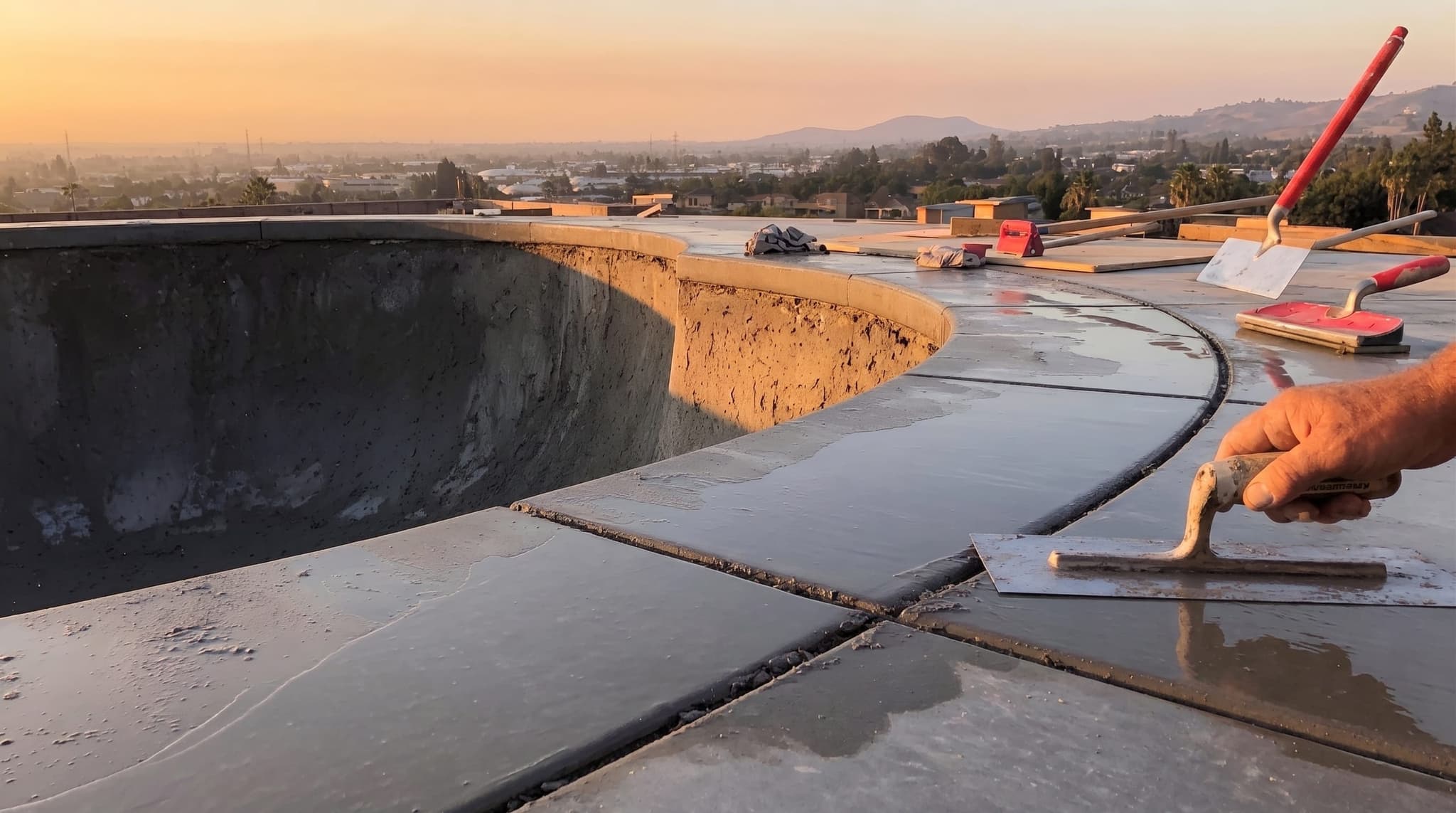 Concrete deck pour in progress around a freshly shot pool shell at golden hour. A weathered hand holds a magnesium float trowel mid-stroke, smoothing the wet concrete near the coping line. The pool shell (shotcrete gray, no plaster yet) is visible beside the deck pour. Expansion joints freshly cut visible in the foreground. Bull-floats and edging tools resting at the deck edge. The Inland Empire valley opens out behind the lot.