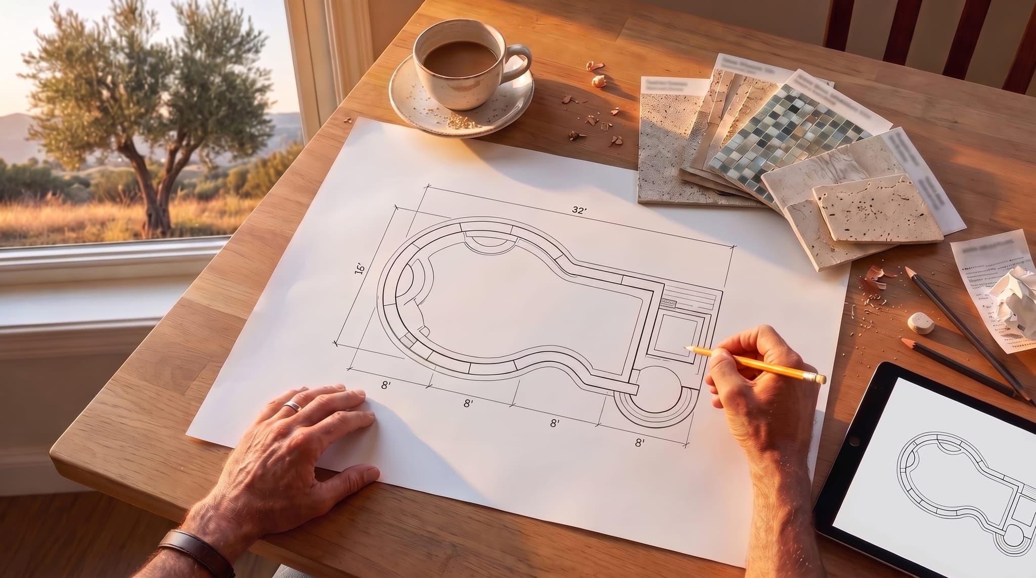 Overhead view of a pool designer's worktable at golden hour: a hand-drawn pool plan with measurements, material sample chips, a tape measure, and a tablet showing a 2D layout.