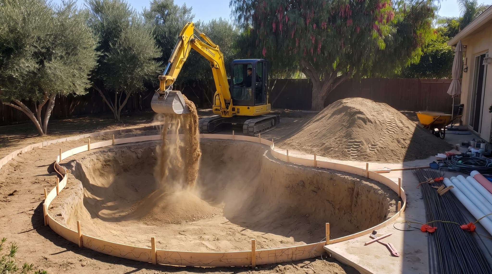A mid-dig moment in an Inland Empire residential backyard at midday. A yellow compact excavator is mid-bucket-lift inside a roughly excavated pool pit, with the freeform pool shape clearly emerging from the earth. Loose dirt piled neatly to one side awaiting haul-off. Rebar bundles and PVC plumbing rolls staged at the deck edge for the next phase.