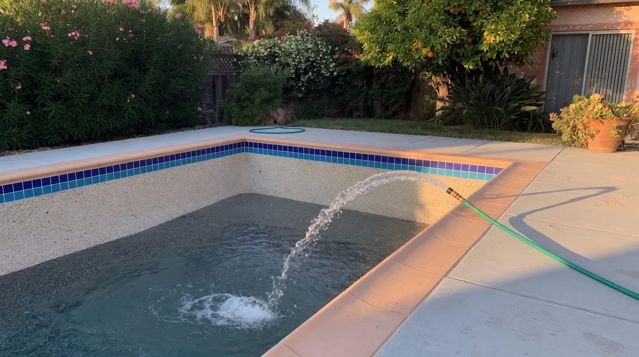 Wide environmental shot of a backyard pool being filled for the first time. Garden hose curving over fresh coping, water arcing into the pool at about 30% capacity, new pebble interior visible above the waterline, late afternoon warm side-light.