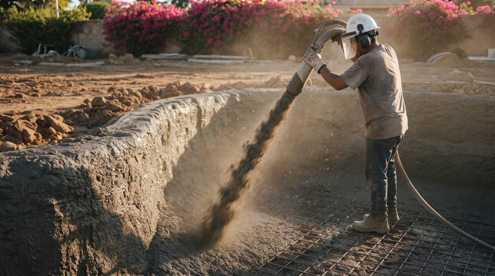 Shotcrete crew applying pneumatic concrete to the pool shell on an Inland Empire residential lot. Dust hanging in raking morning side-light, spray nozzle in motion, the dense gray shell taking shape.
