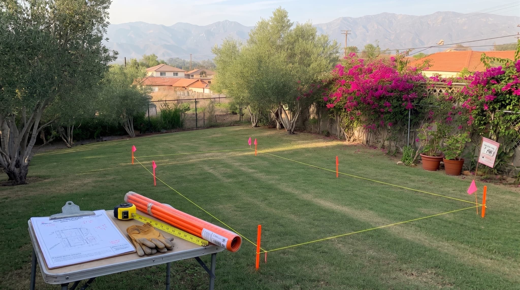 Backyard of an Inland Empire home at mid-morning. The pool footprint is staked out with bright orange surveyor's stakes and yellow string lines forming a clean outline. A clipboard with engineered plans rests on a folding sawhorse table beside work gloves, a 100-foot tape measure, and a roll of stakes. Mature olive trees and bougainvillea border the yard.