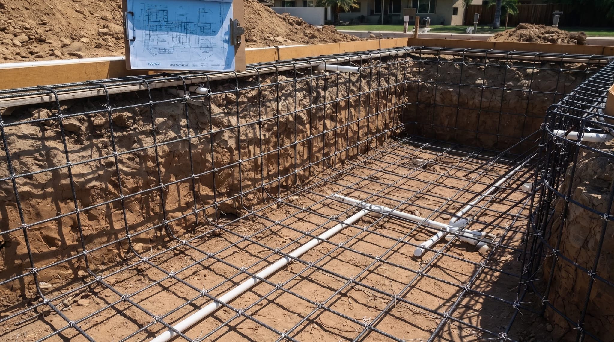 Freshly tied steel rebar cage and hydraulic plumbing in an excavated pool pit on an Inland Empire lot, the structural work that gets buried under shotcrete.