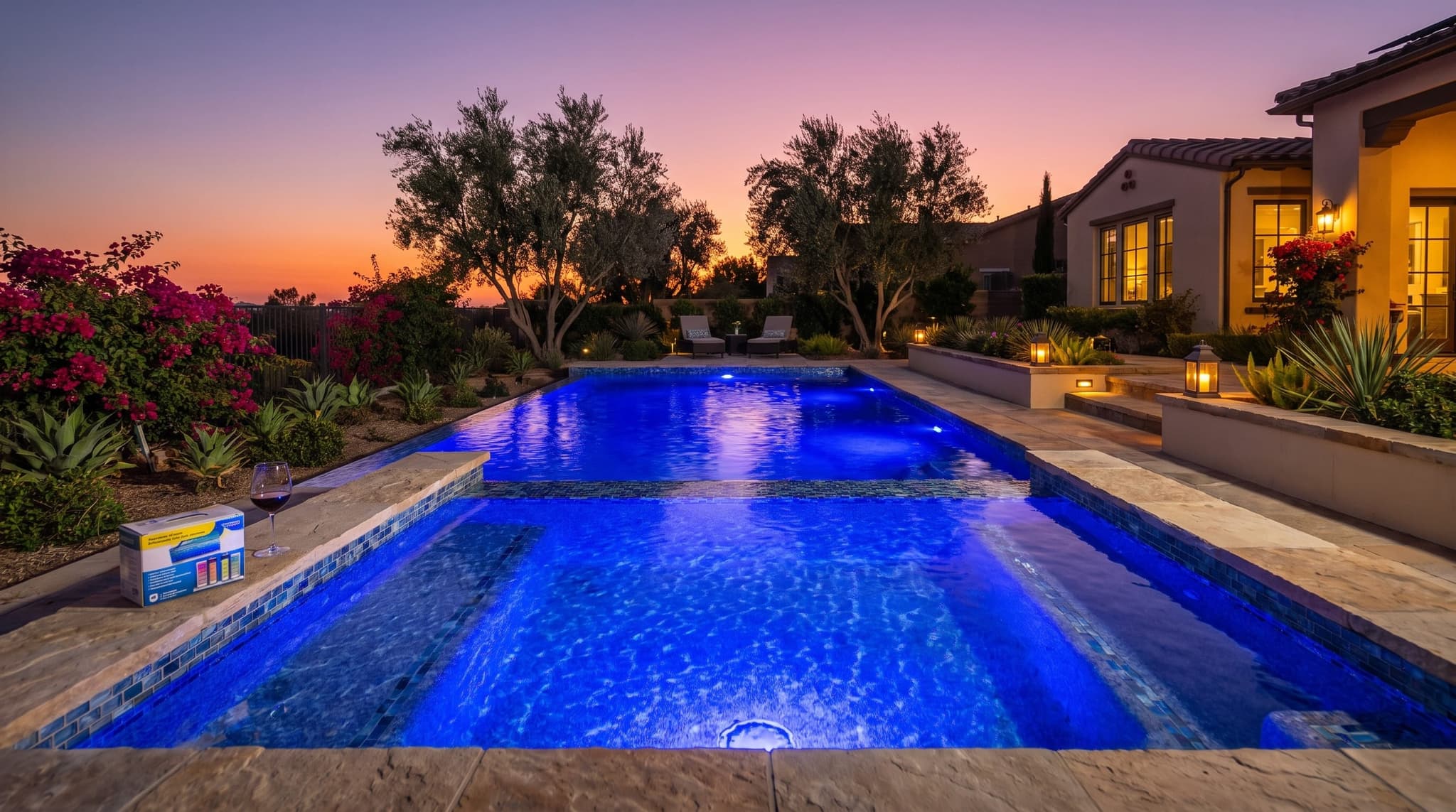 Finished Inland Empire backyard pool at dusk. Cobalt water lit by underwater LED, glass-mosaic waterline tile, mature olive trees and bougainvillea silhouetted against the rose-pink sky. A chemical test kit and a wine glass on the coping.