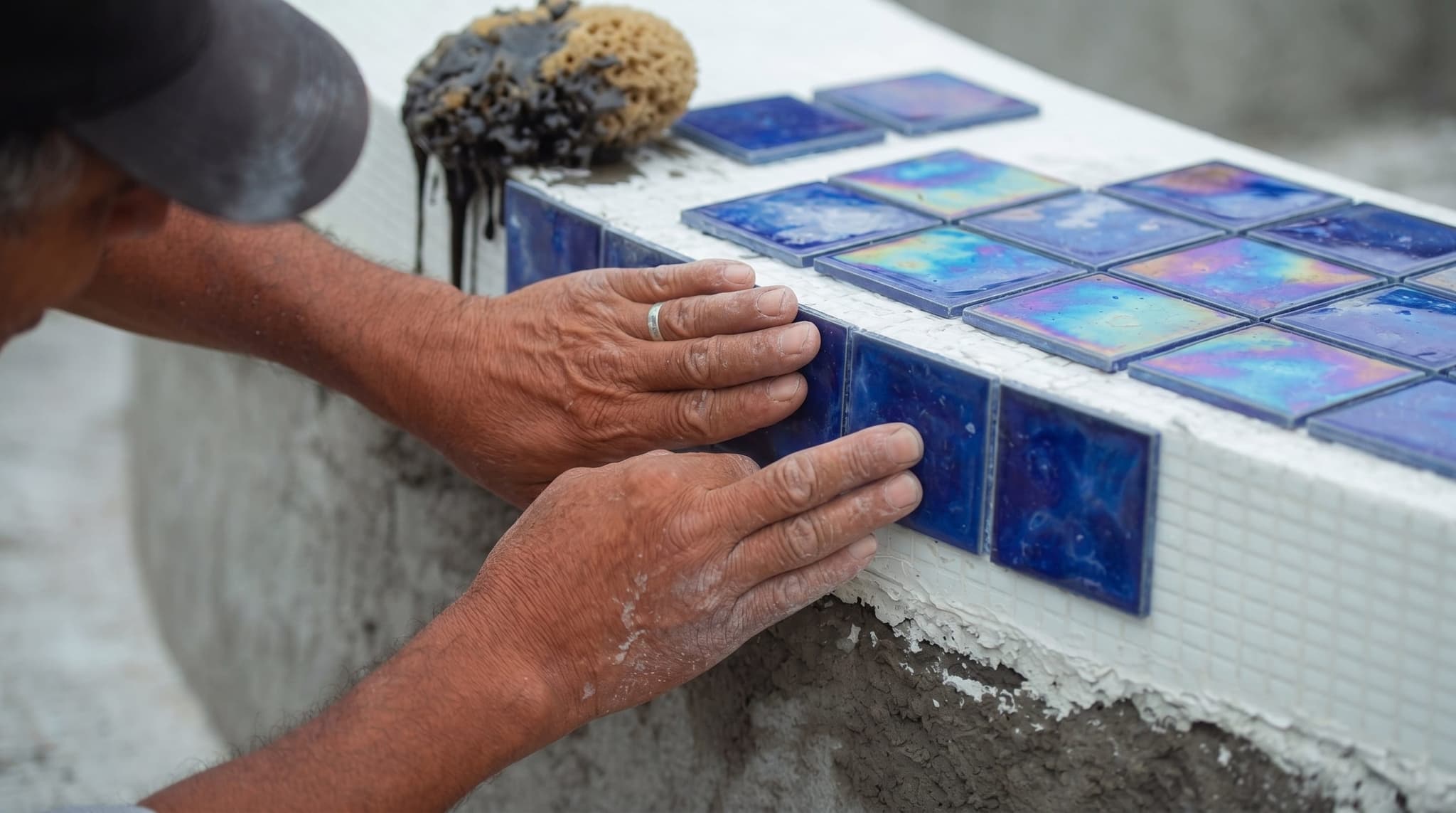 Overhead close-up of weathered hands carefully placing iridescent blue glass mosaic tile sheets along the waterline of a partially filled pool, adhesive visible behind one tile sheet, wet sponge on the coping