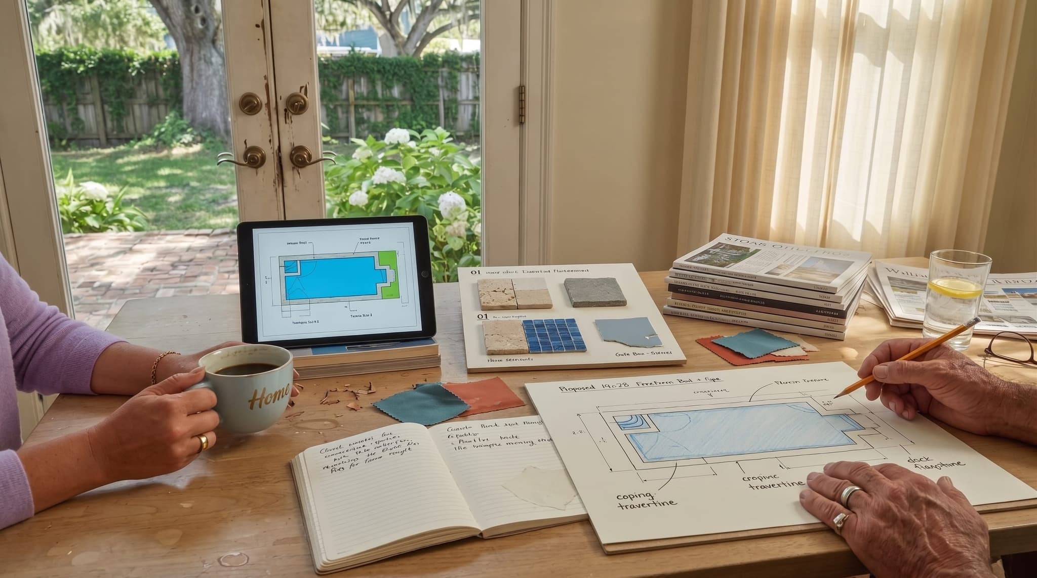 Two pairs of hands at a kitchen table — a homeowner holding a coffee cup, a contractor with a pencil over a hand-drawn pool plan on cream paper, with material sample chips, a tablet showing a 2D pool design, and open notebooks between them. Faces not in frame.