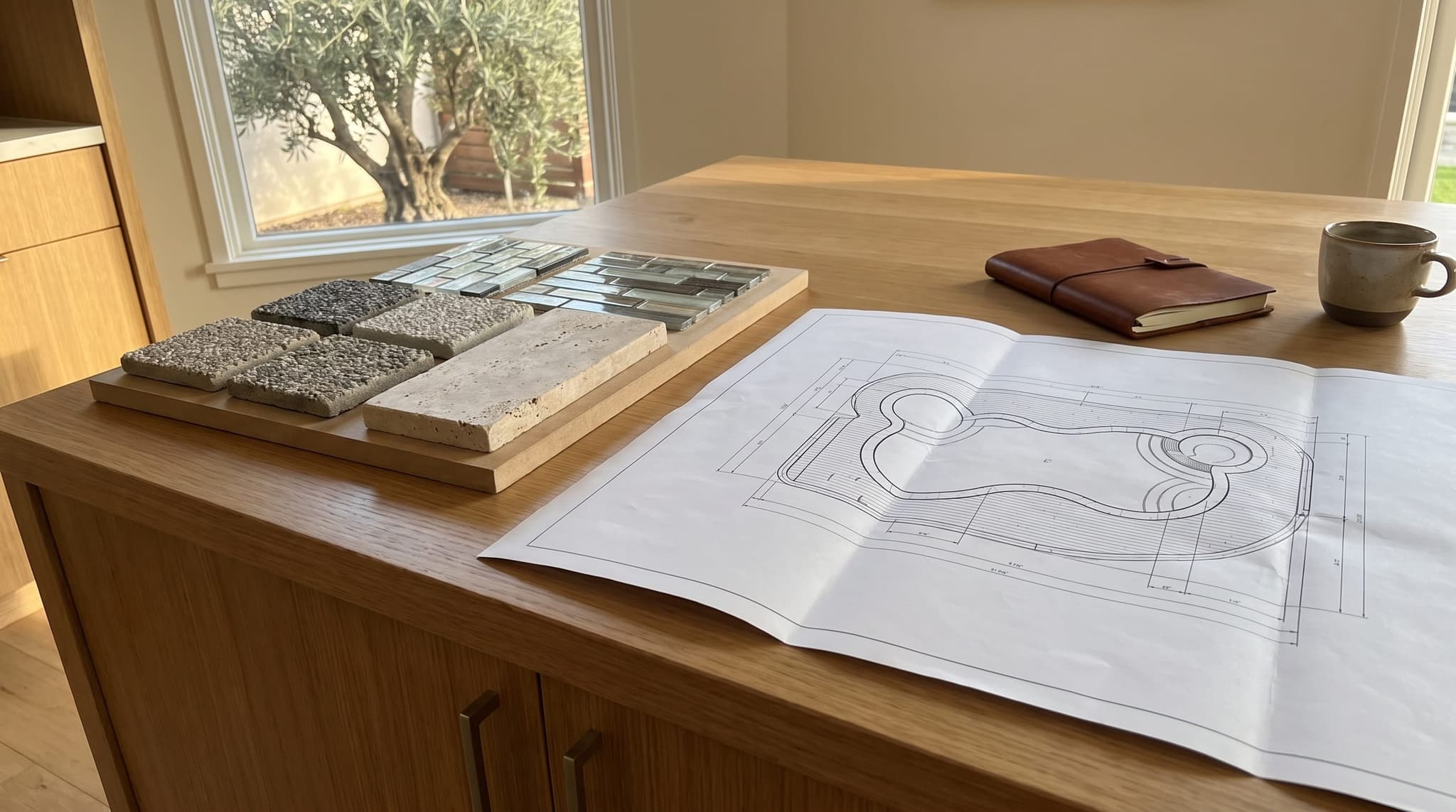 Designer's pool sample board on a wooden kitchen island: pebble finish chips, glass mosaic tile samples, travertine coping, hand-drawn freeform pool plan, leather notebook, coffee cup, mature olive tree visible through the window