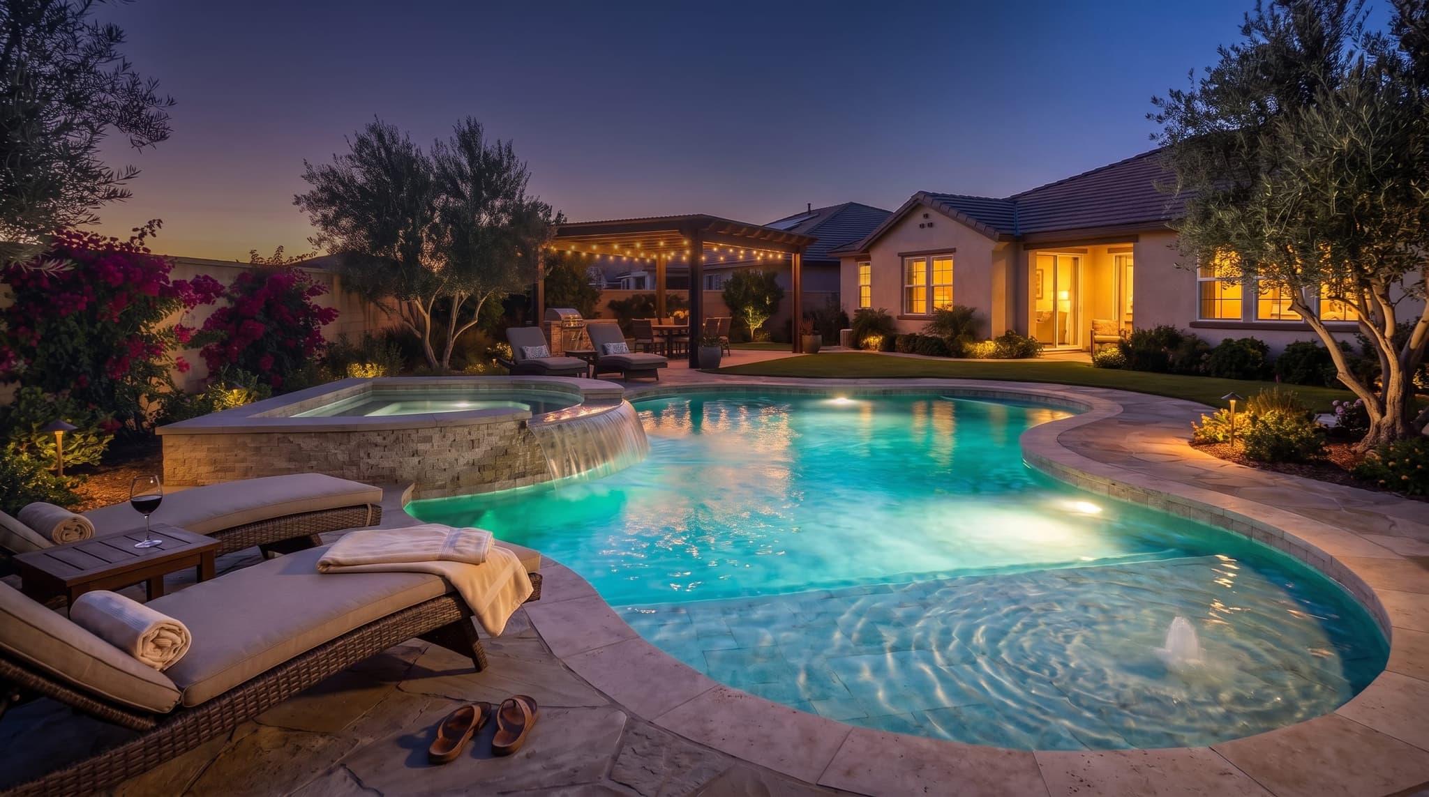 Freshly completed Inland Empire backyard pool at dusk, freeform with a raised spa and soft underwater lighting.