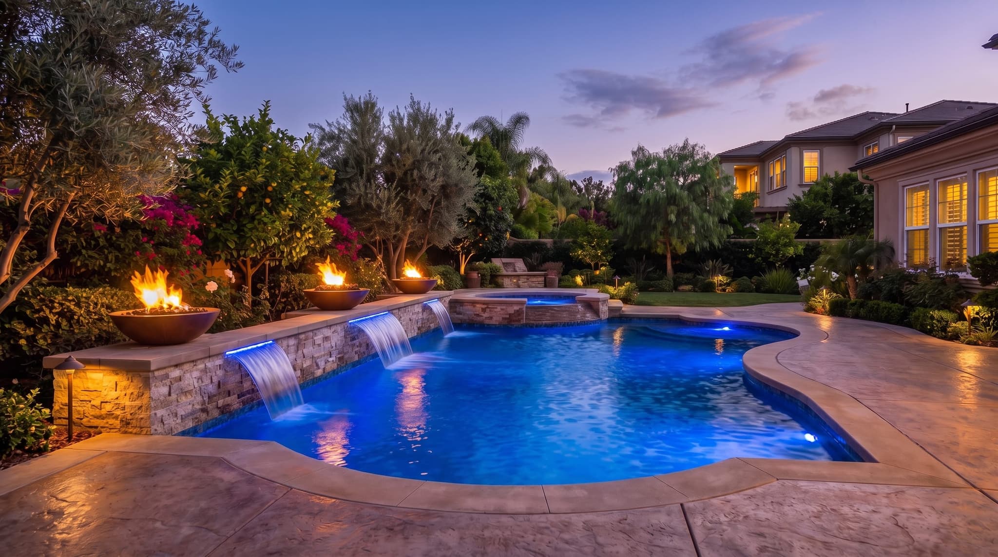 Backyard pool at dusk with deep-blue underwater LED lighting, color-change spillover spa, lit fire bowls, and warm landscape lighting in trees behind