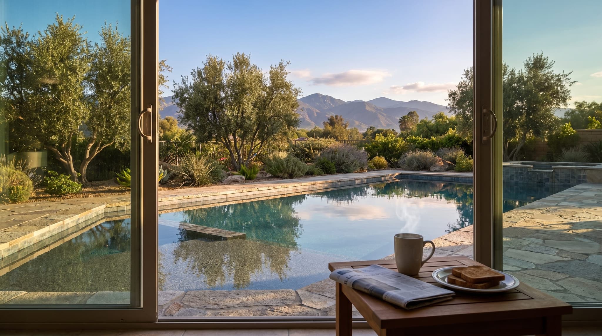 Low-angle shot from inside a sliding glass door looking out onto a finished Inland Empire backyard at sunrise. A homeowner's hand holds a ceramic coffee cup with steam rising; beyond the door, the pool surface mirror-still in early light, mature olive trees casting long shadows, the San Bernardino mountains glowing rose. Newspaper and toast on the kitchen counter inside the door.