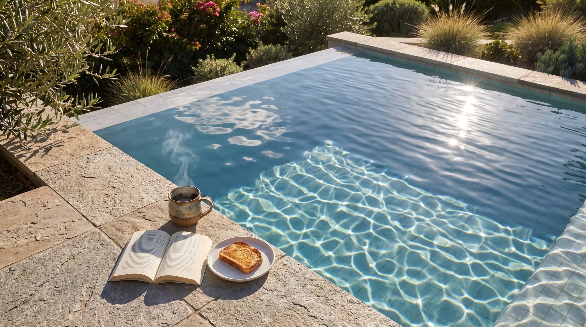 Overhead shot of a single ceramic coffee cup with steam rising at the edge of a pool's tanning ledge, a paperback book and a piece of toast on a white plate beside it