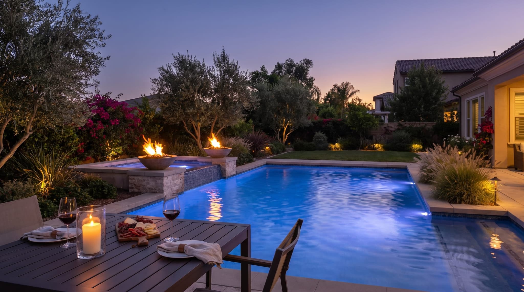 Outdoor dining table set for two at the edge of a backyard pool at blue hour: wine glasses, charcuterie board, lit candle, linen napkins, the pool glowing soft cobalt behind, fire bowls lit on the spa wall