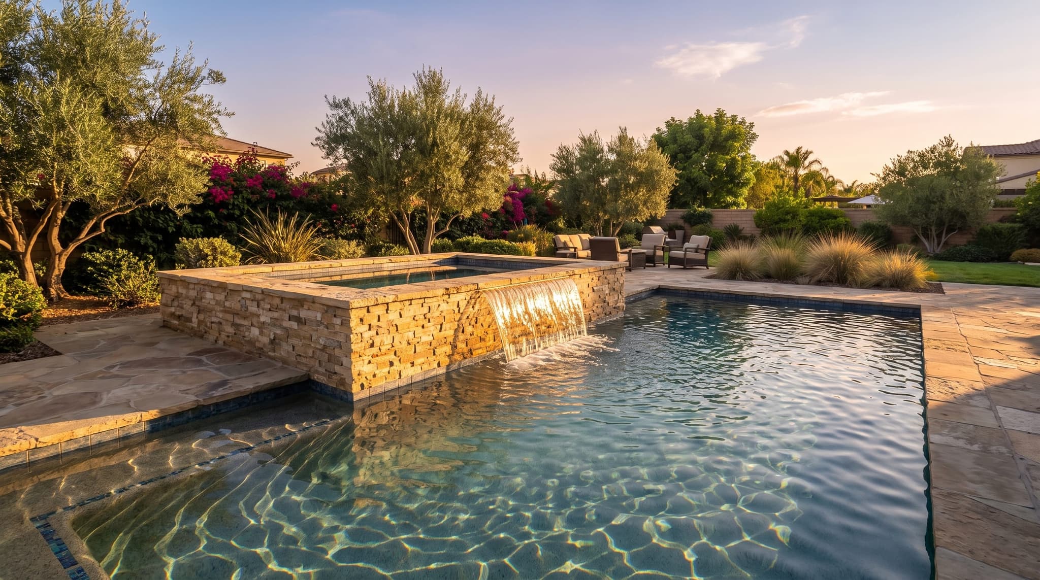 Long horizontal composition of an integrated raised spa spilling water in a sheer descent into the main pool below at blue hour: warm-amber spa water from interior LED meeting cool-cobalt pool water from underwater LED, stone-veneered spa wall, mature landscape silhouetted against the deepening dusk sky