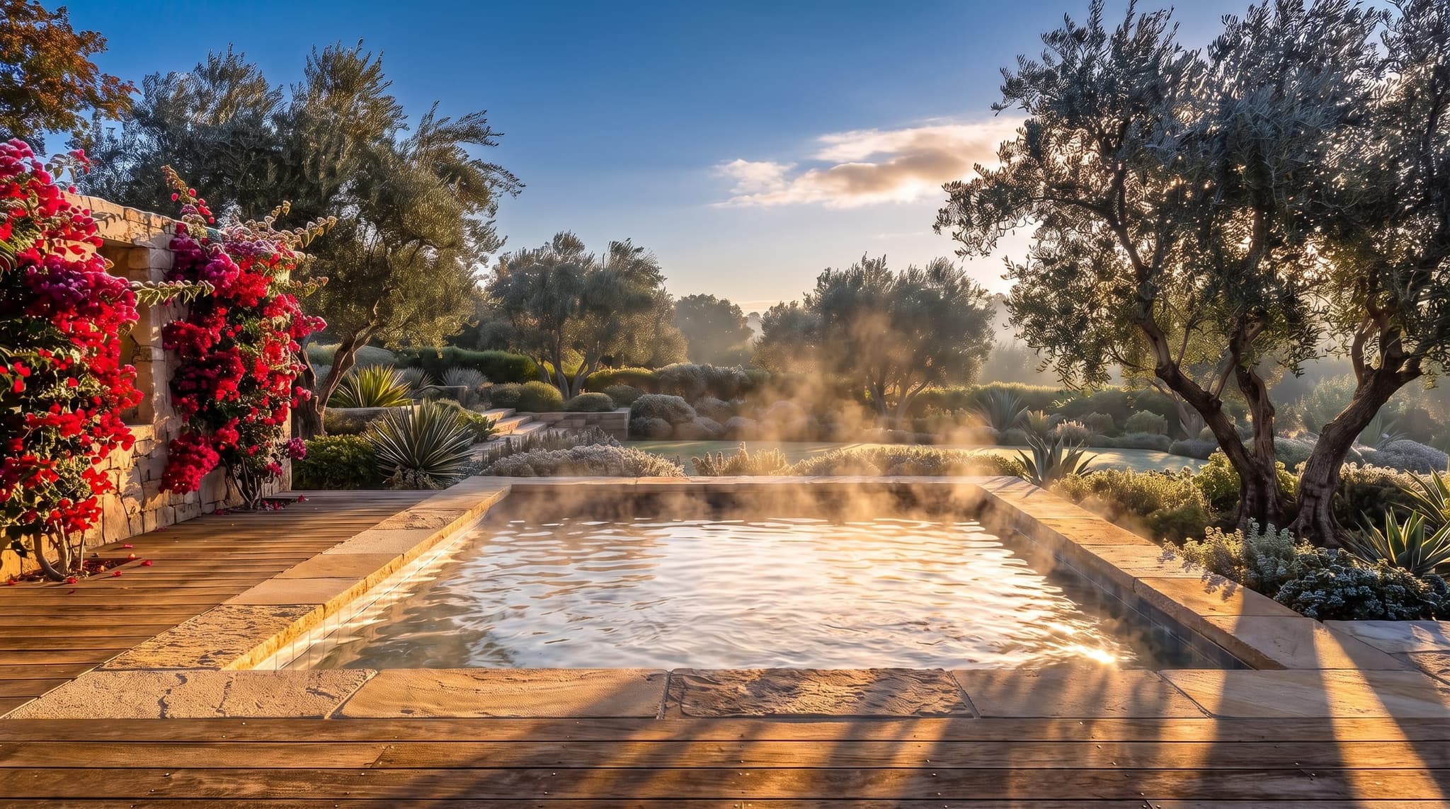 Integrated pool-spa with glowing warm water, sheer-descent spillover, lit fire bowls, stamped concrete patio at dusk