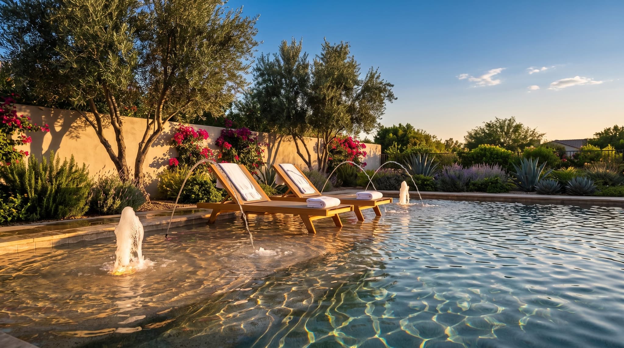 Tanning ledge at sunset with two arching bubblers producing soft fountain plumes of water, two empty wooden chaise lounges with white cotton towels, mature olive trees and a stucco wall warmed by setting sun, bougainvillea blooming