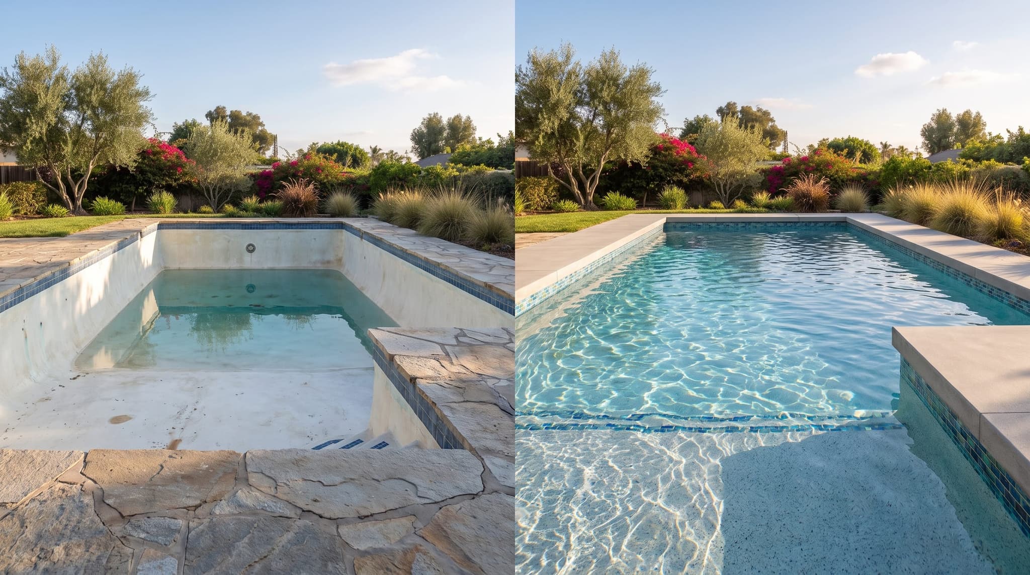 Side-by-side before-and-after of a freeform pool remodel: tired plaster, eroded pop-up returns, and crumbling coping on the left; freshly resurfaced pebble interior, new blue glass mosaic waterline tile, and crisp new concrete coping on the right