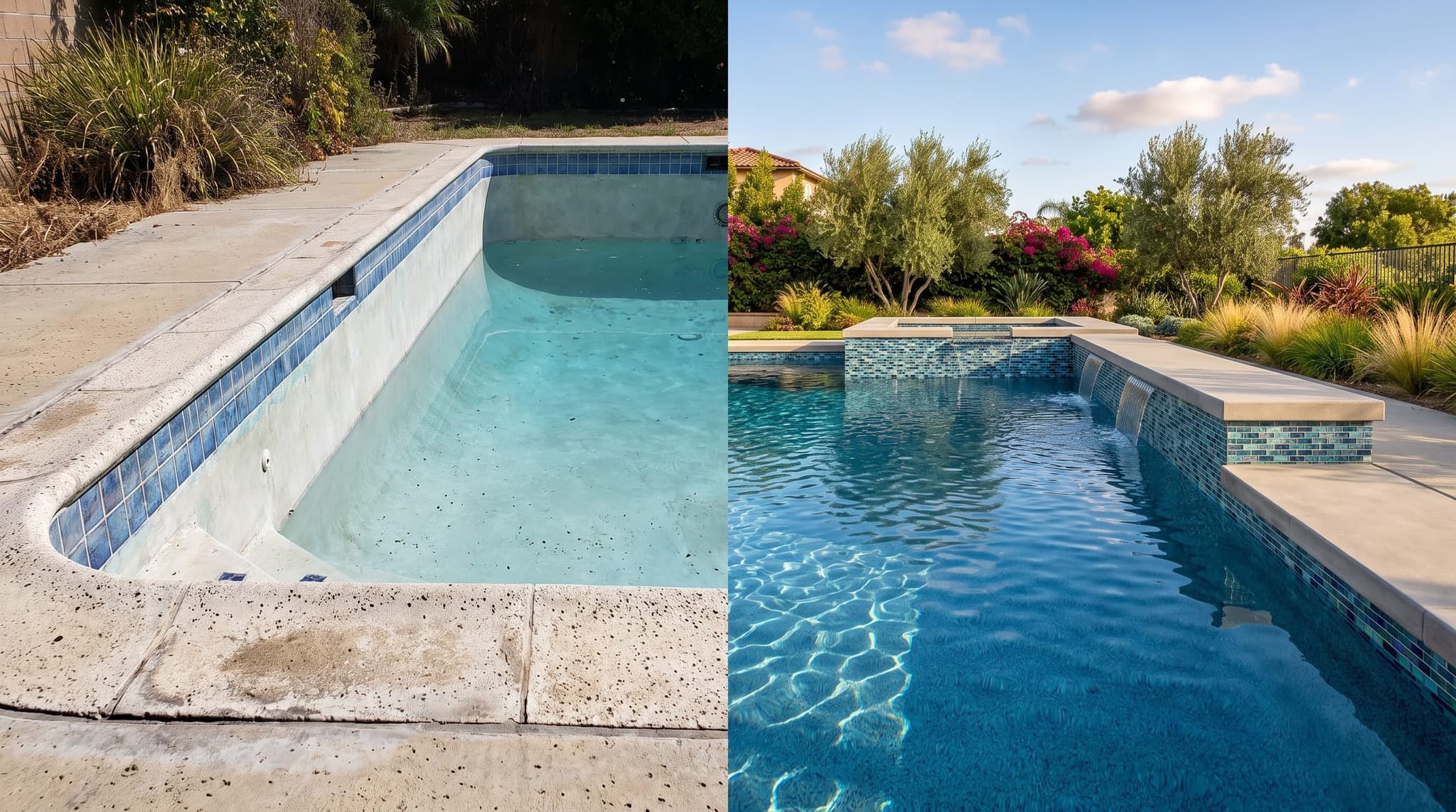 Before and after of a swimming pool remodel with new pebble finish, glass tile, and modern coping