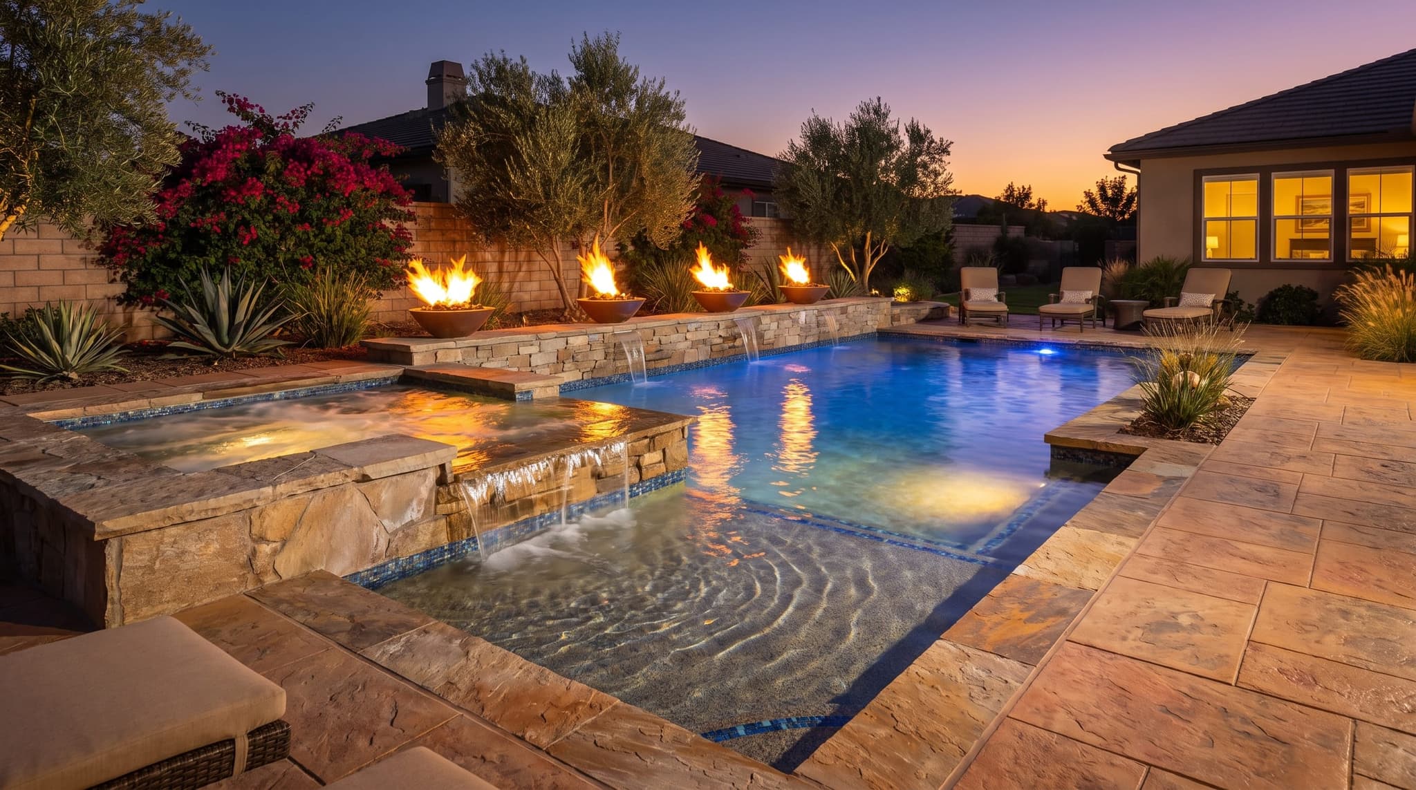 Standalone inground spa at dusk with warm glowing water, soft landscape lighting, and stamped concrete patio