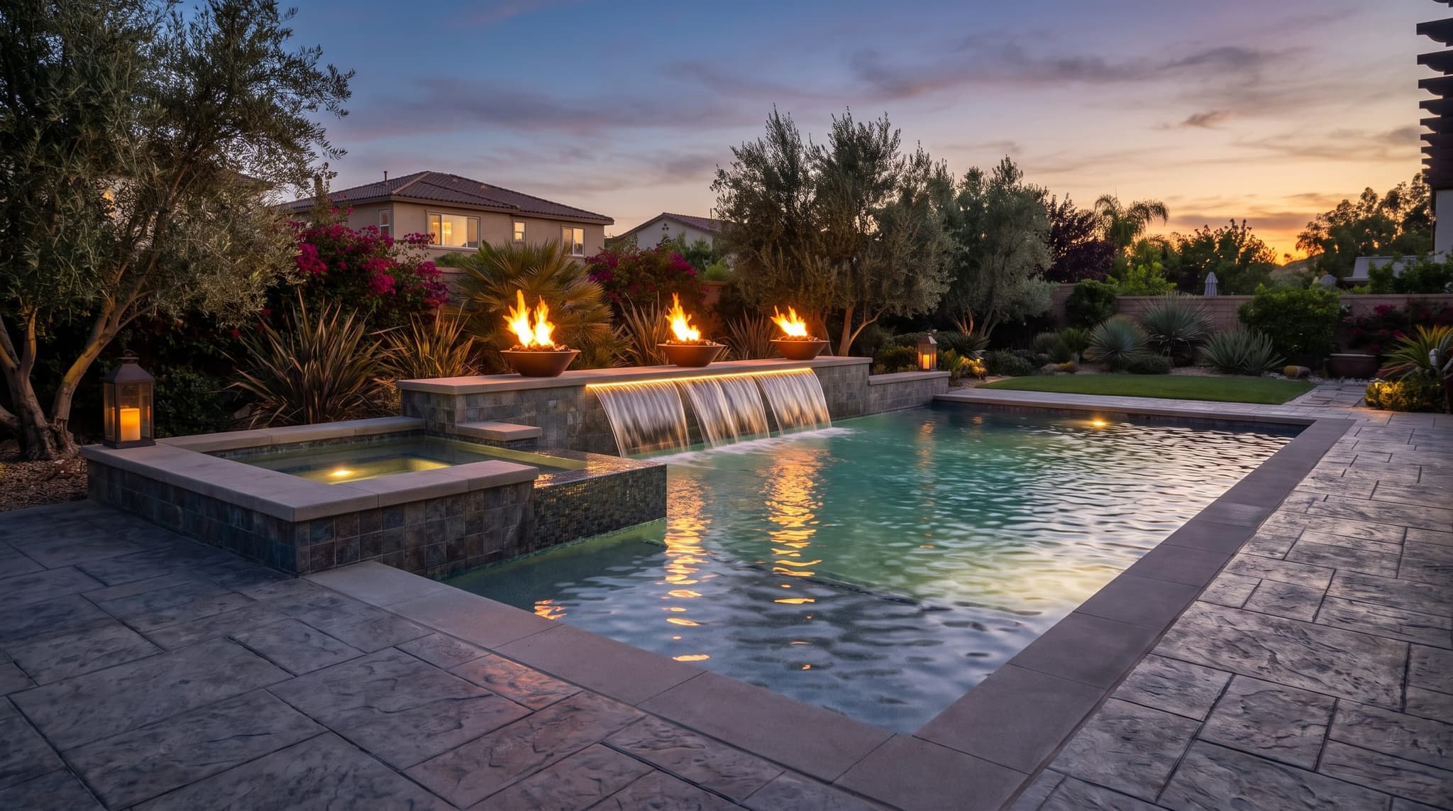 Backyard spa with integrated pool and modern equipment pad, where variable-speed pump efficiency shows up most